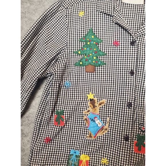 Lemon Grass Women's Small Black & White Check Button Up Christmas Theme Blouse - Picture 6 of 8